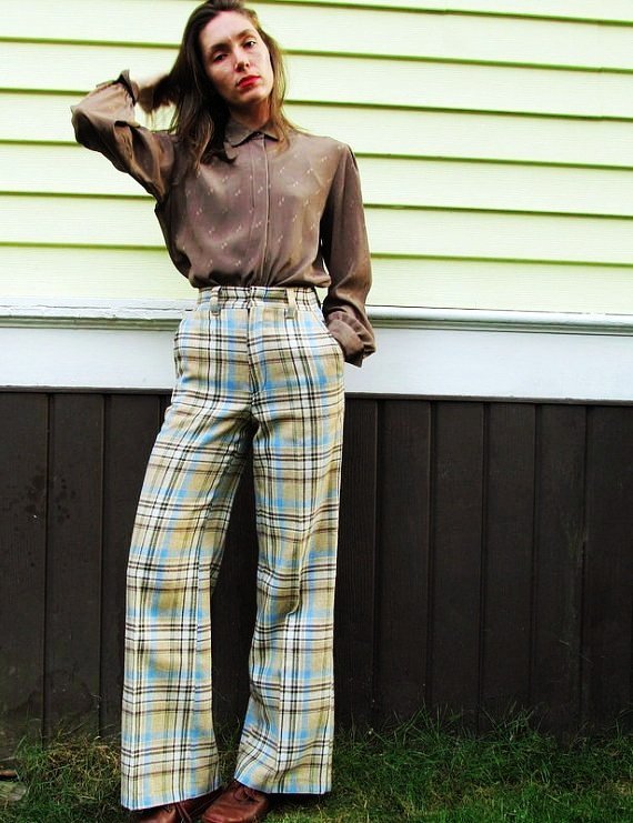 70s plaid high-waisted bell bottoms womens pants small-f78566